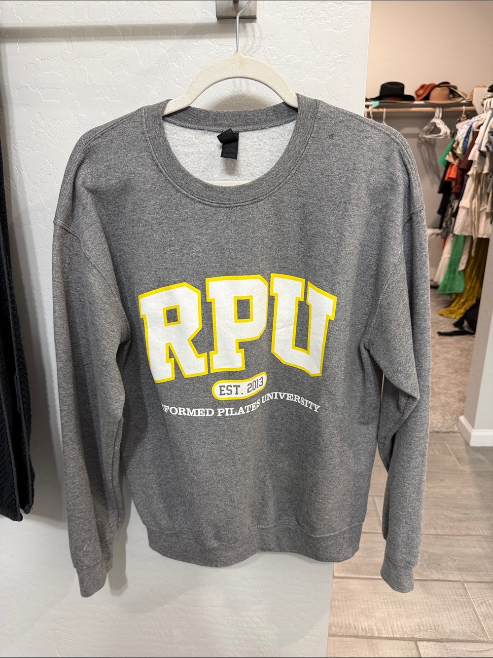 RPU Pilates Gray Crewneck Sweatshirt with Yellow Lettering